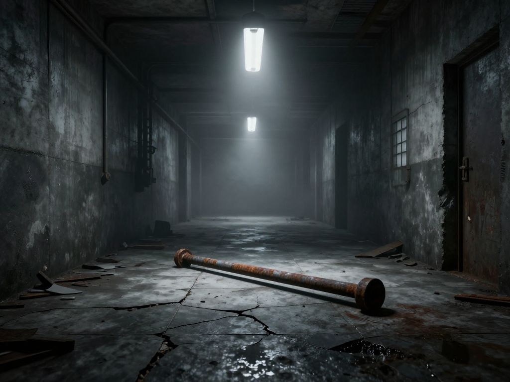 Rusted metal rod on cracked concrete prison floor under flickering fluorescent light, dark industrial corridor beyond