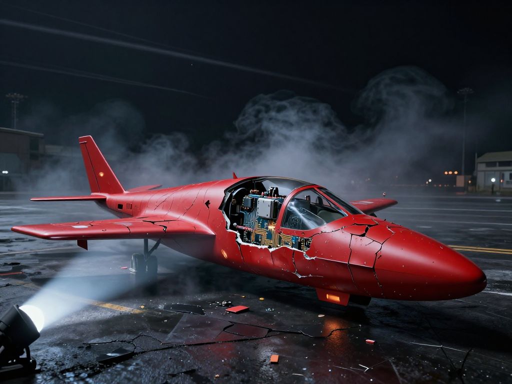 Shattered drone fuselage on dark tarmac with exposed circuit boards and navigation components, smoke trails in night sky beyond