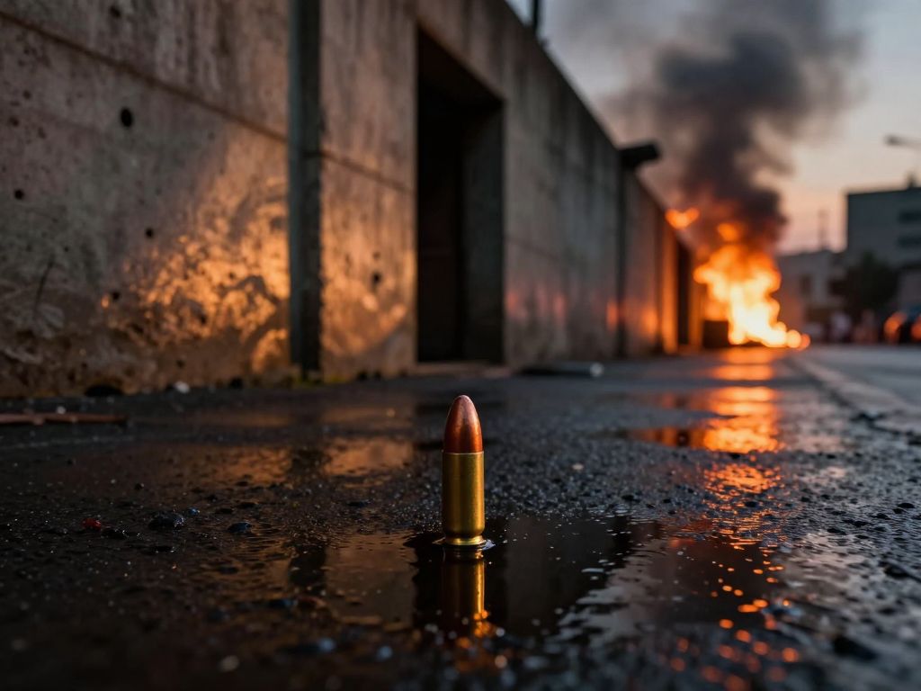 Bullet-pocked concrete wall along an empty street at dawn, distant orange fires glowing through dark smoke on the horizon.