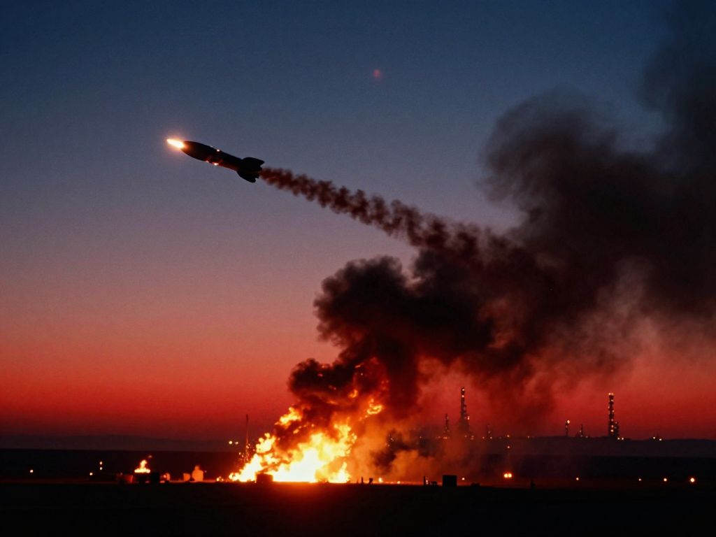 Hypersonic missile with spiraling smoke trail arcing across blood-red twilight sky above burning desert oil refineries.