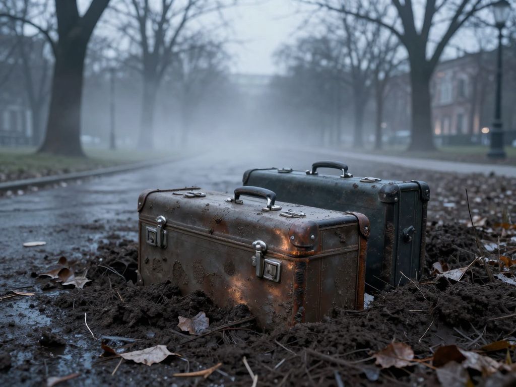 Two weathered suitcases partially buried in dark soil in a frost-covered urban park under an overcast grey sky.