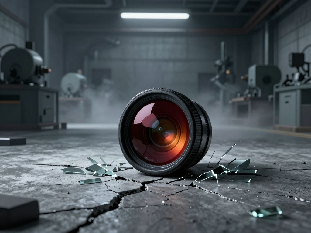 Shattered camera lens on cracked concrete floor inside a dimly lit industrial workshop, metal debris surrounding it