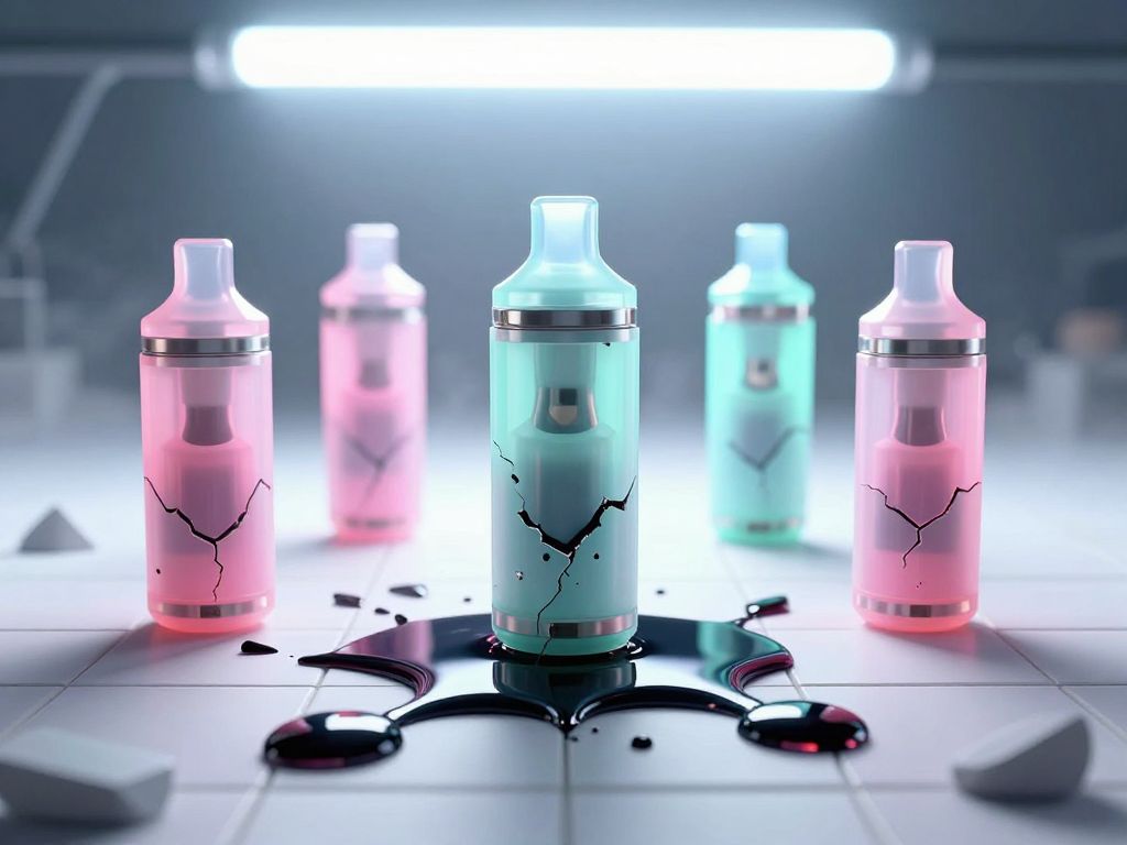 Cracked colorful vape cartridges leaking dark oily liquid onto fractured white tile under harsh light
