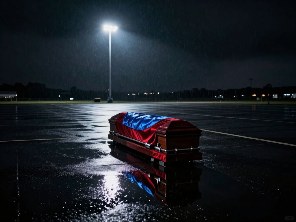 Flag-draped coffin on rain-slicked dark tarmac under cold white military floodlight, storm clouds overhead, puddle reflections.