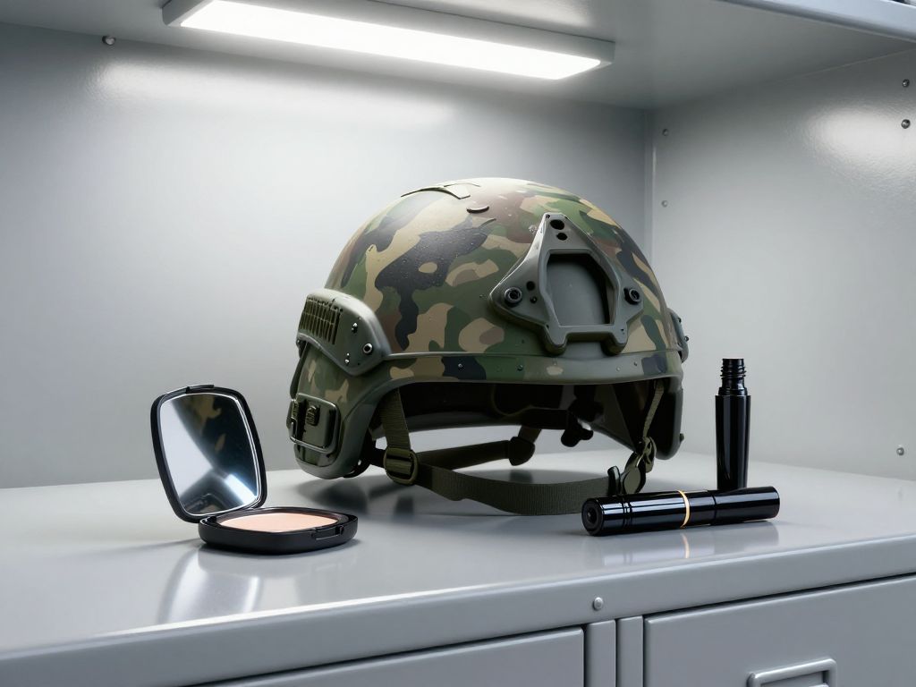 Camouflage combat helmet beside open compact mirror and cosmetic tube on cold steel military locker shelf under harsh light