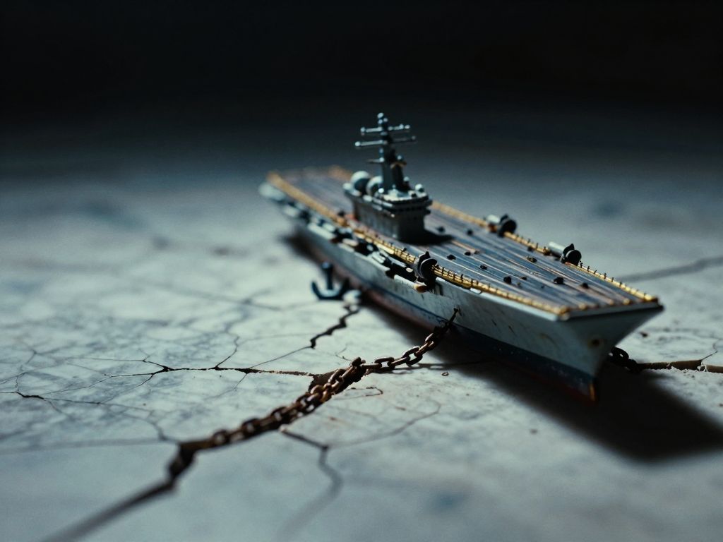 Steel aircraft carrier model at edge of cracked marble surface, severed anchor chains scattered around it in harsh side-lighting.