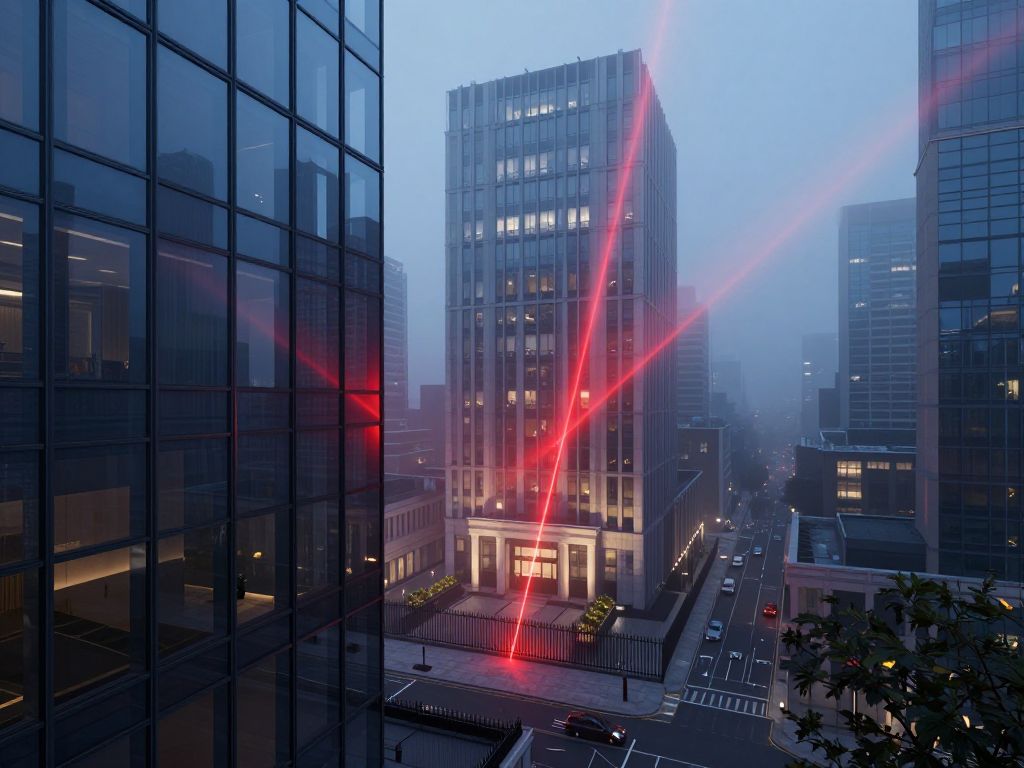 High-rise glass window reflecting an embassy building below, red laser dot on glass surface, dusk urban skyline behind.