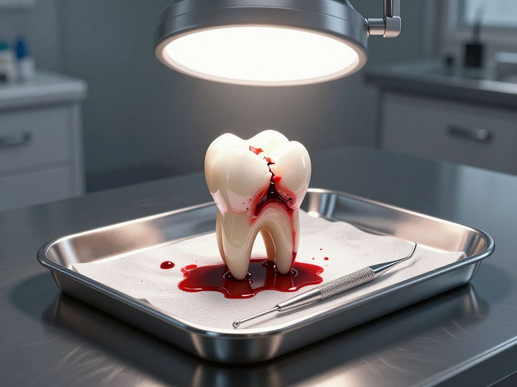 Cracked molar tooth on stainless steel tray surrounded by abandoned dental tools and bloodstained gauze pads