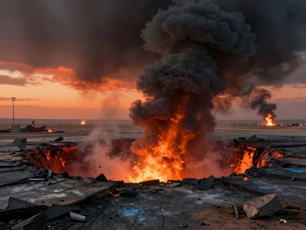 Blast crater on empty desert airport tarmac with thick black smoke rising into a blood-orange sky, distant oil fires on horizon