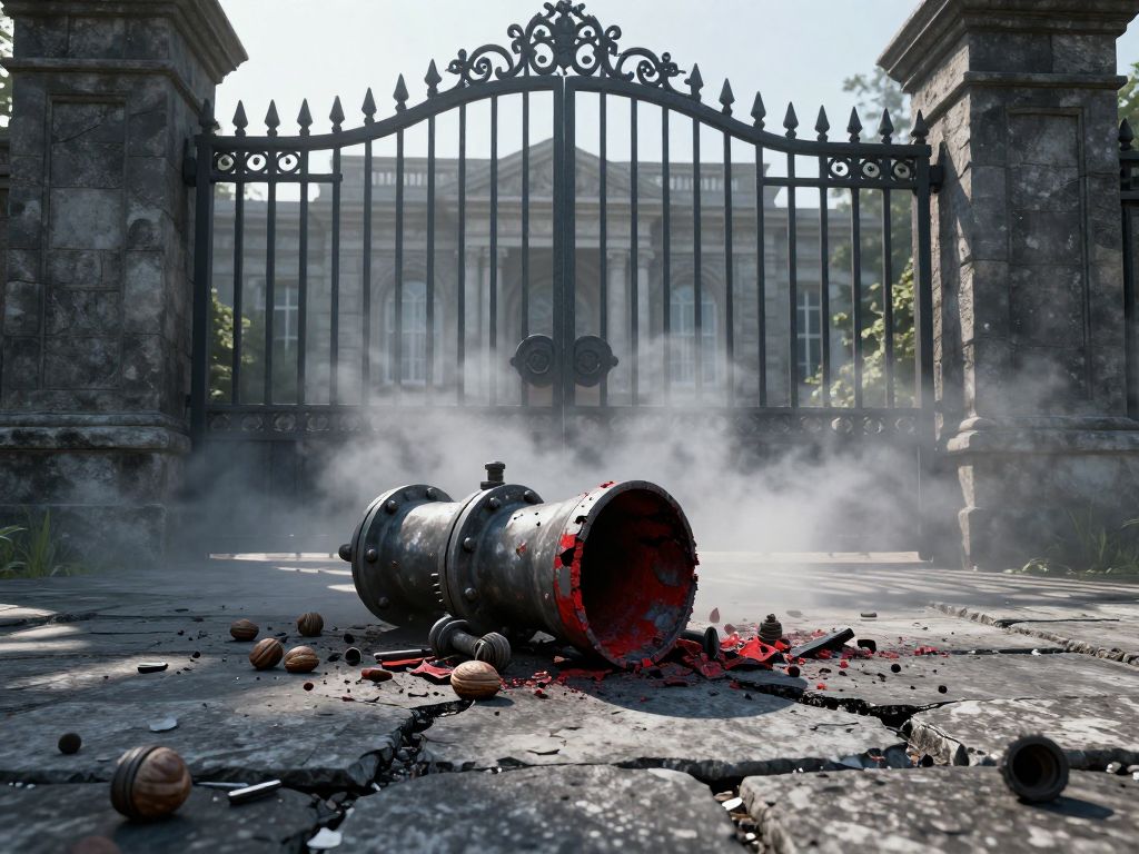 Charred metal pipe and scattered nuts and bolts on cracked scorched pavement near ornate iron gates of a stone mansion.