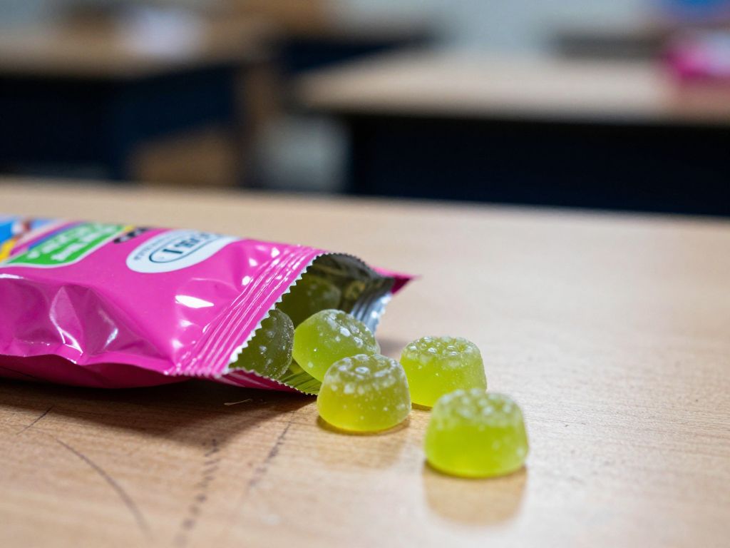 Pink foil candy pouch torn open with colorful gummy bears spilling onto a wooden school desk with crayon marks
