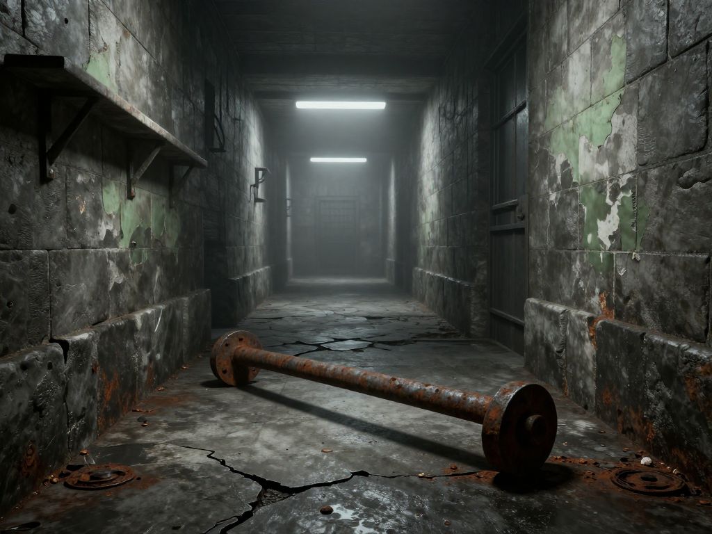 Bent rusted metal bar on cracked concrete inside a grey stone prison corridor, harsh fluorescent light casting cold shadows.