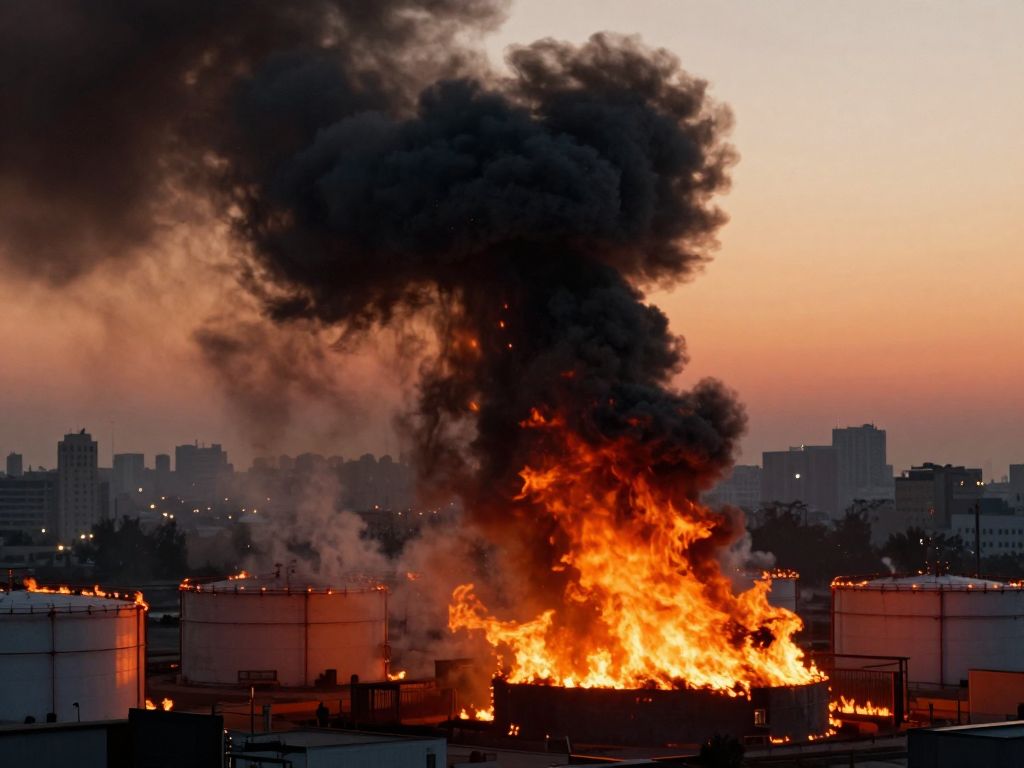 Massive black smoke columns rise from burning fuel storage tanks at dawn over a haze-covered city skyline.