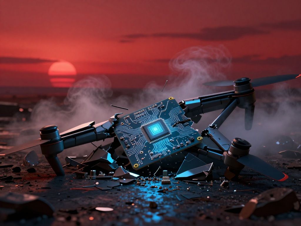Shattered drone wreckage on scorched tarmac, glowing navigation module in cracked hull, red smoke-filled sky above distant sea