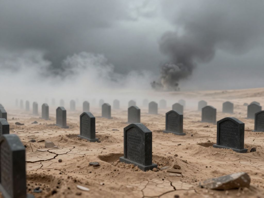 Rows of small freshly dug graves in cracked desert soil, smoke rising from rubble on the horizon under a grey sky