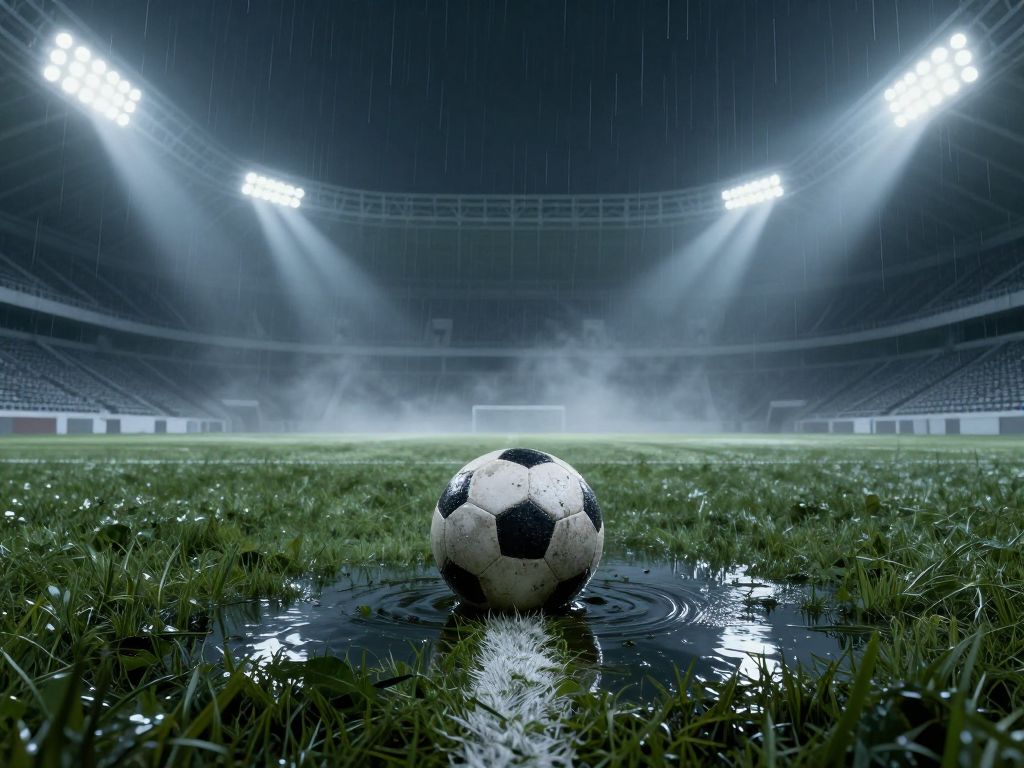 Single football resting in a puddle on empty night-lit pitch, rows of vacant stadium seats stretching into darkness