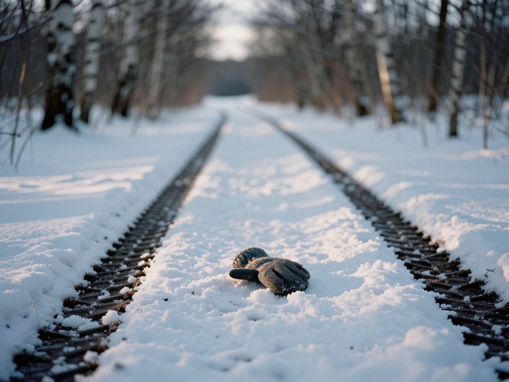 Bicycle tire tracks in fresh snow veer sharply away from a small child's knitted mitten lying abandoned on a forest path.
