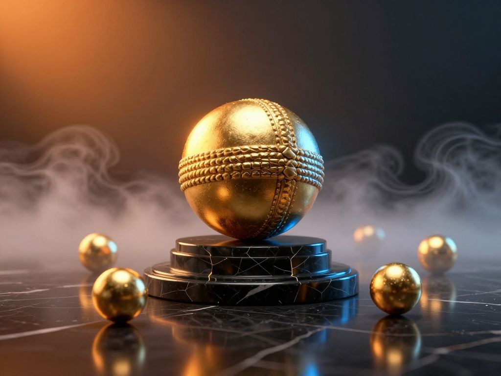 Golden cricket ball on cracked marble plinth, surrounded by 18 small golden spheres on dark polished surface with rising fog