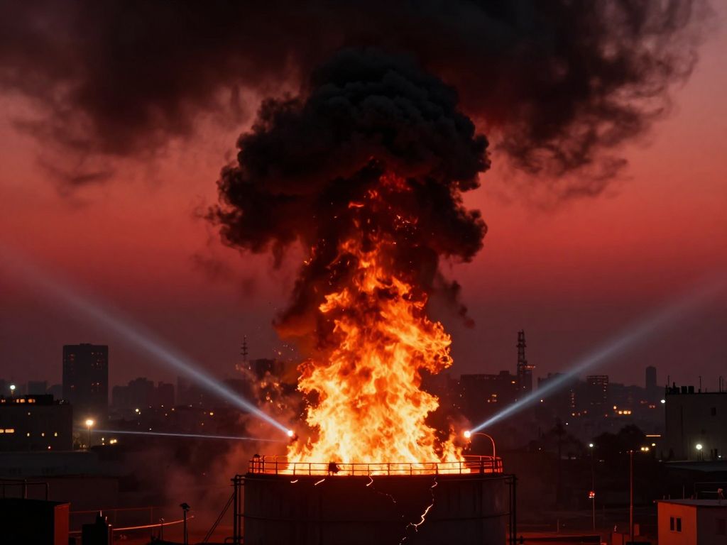 Burning oil storage tank erupting in black smoke and orange flames against a blood-red dawn sky over a city skyline.