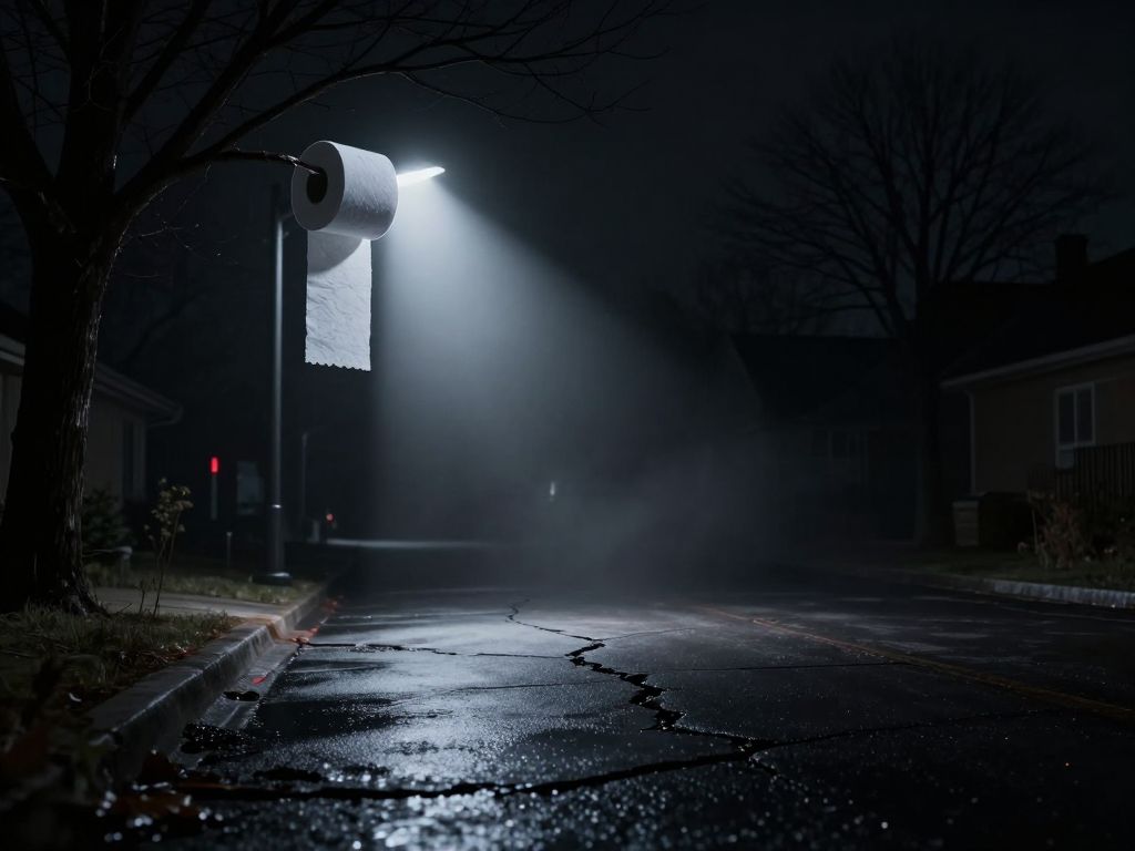 Unraveled toilet paper on a dark tree branch over an empty driveway, broken car mirror on wet asphalt below a streetlight.