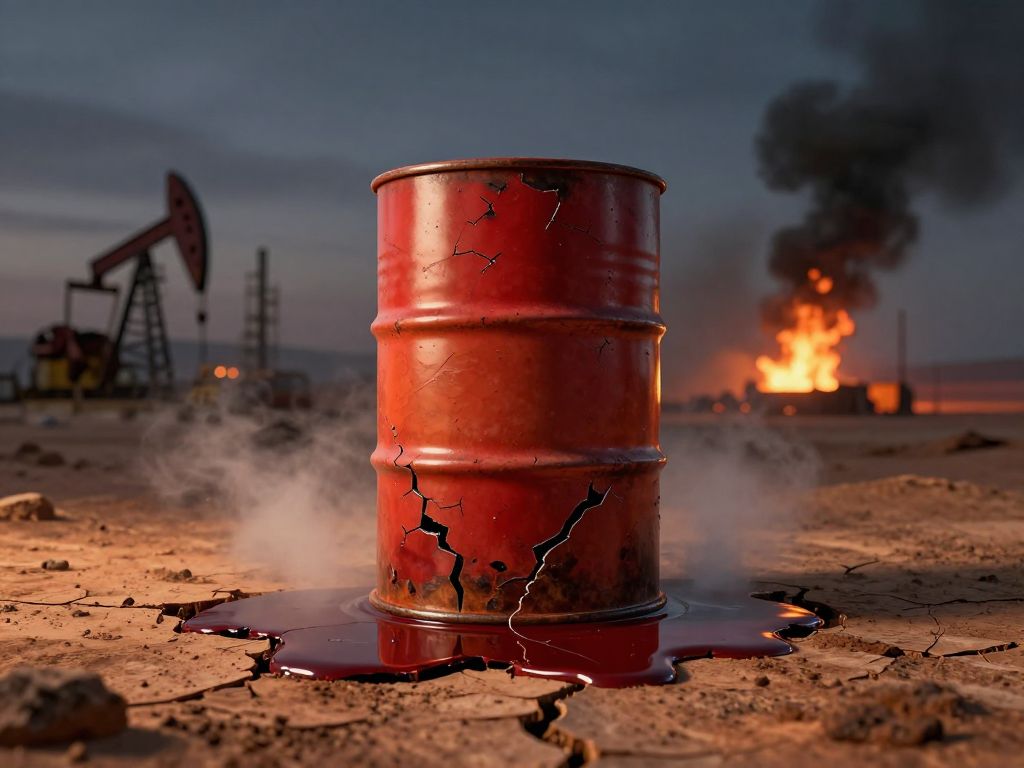 Cracked oil barrel leaking crude oil onto scorched desert sand, refinery flares and black smoke on the horizon at dusk
