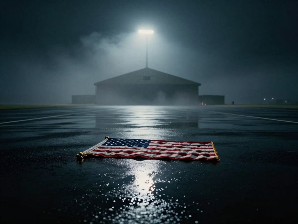 Folded flag on rain-slicked dark tarmac at night, spotlight cutting through dense fog over empty airfield.
