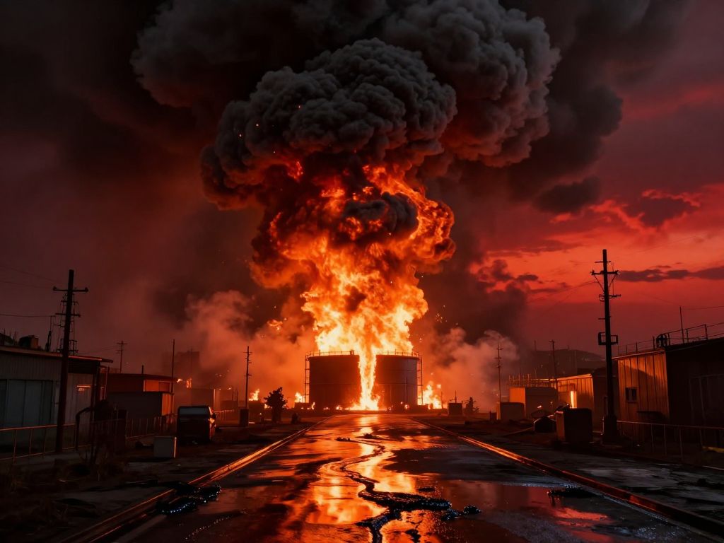 Massive fireball erupts from oil storage tank at night, rivers of burning fuel flow across dark asphalt under a crimson smoke-filled sky