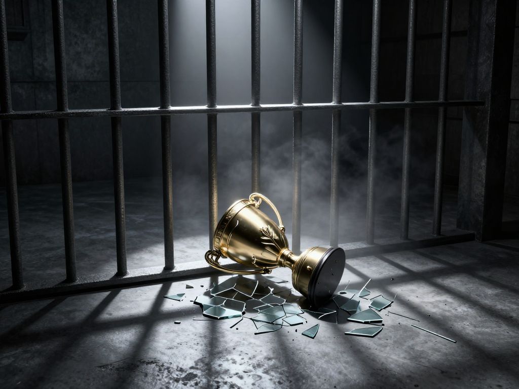 Cracked trophy shattered on cold concrete floor behind iron jail bars in harsh shadow