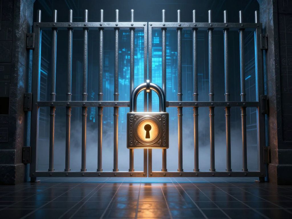 Heavy iron gate with glowing amber padlock stands before a dissolving blue digital grid fading into darkness