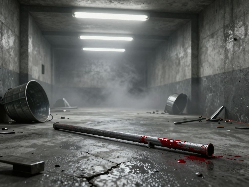 Iron rod lying on cracked concrete floor beside overturned metal bin, surrounded by scattered scrap metal fragments