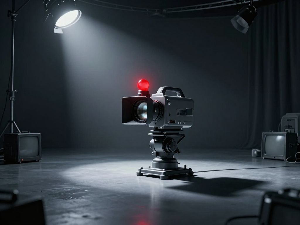 Vintage broadcast camera with fading red tally light stands alone on a dark empty TV studio stage beside toppled equipment.