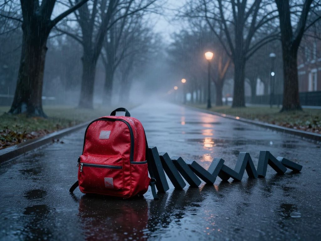 Rain-soaked child's backpack on empty park path, chain of falling dominos receding into dark treeline behind it