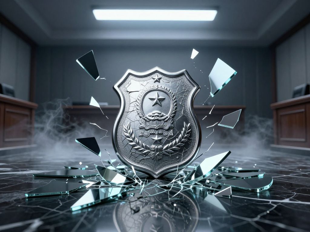 Fractured police badge among broken mirror shards on cold dark marble floor under harsh institutional lighting