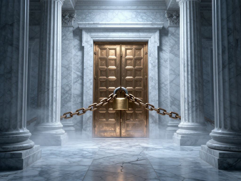 Iron chain and padlock sealing massive bronze doors, cracked marble floor, cold marble columns in shadow