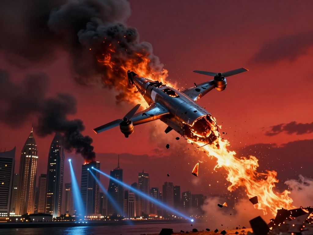 Burning drone debris falling through smoke-filled crimson sky above a glittering city skyline with anti-aircraft light beams
