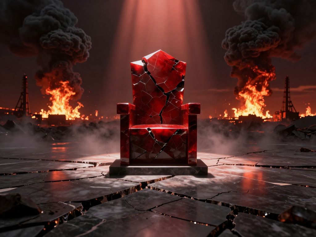 Cracked obsidian throne on fractured marble floor with massive oil refinery fires erupting on a blood-red twilight horizon