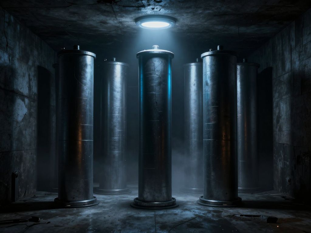Cluster of metallic cylinders glowing cold blue inside a dark cracked concrete underground tunnel chamber