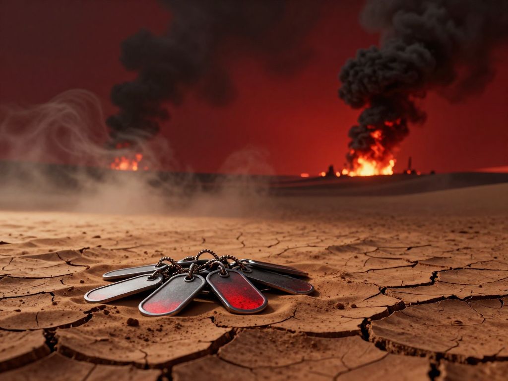 Seven dog tags scattered on cracked desert sand, black smoke columns rising against a deep crimson sky on the horizon