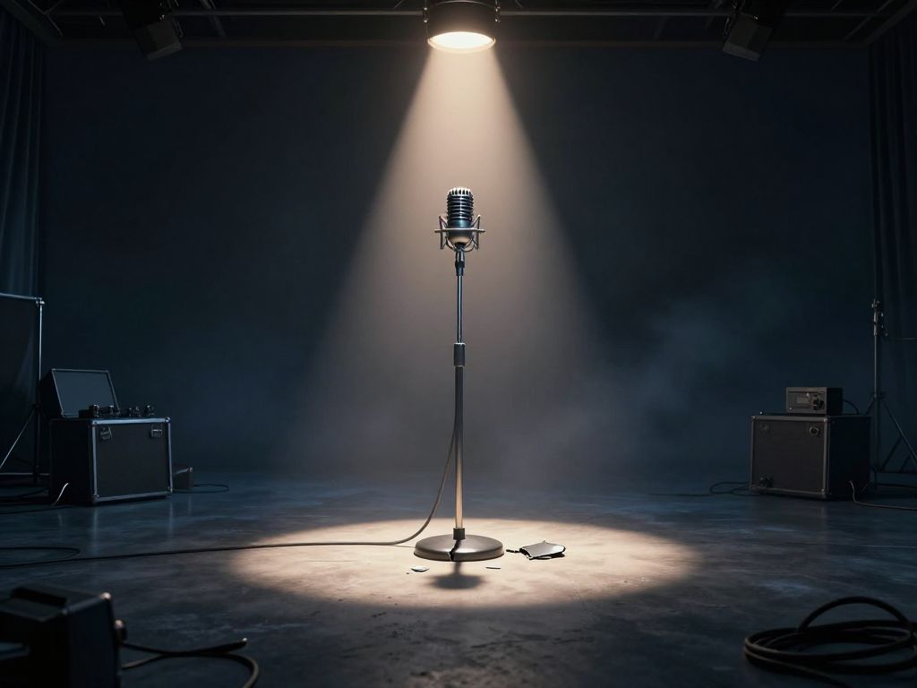 Cracked broadcast microphone stand abandoned on empty dark studio stage, single spotlight, unplugged cable coiled on floor