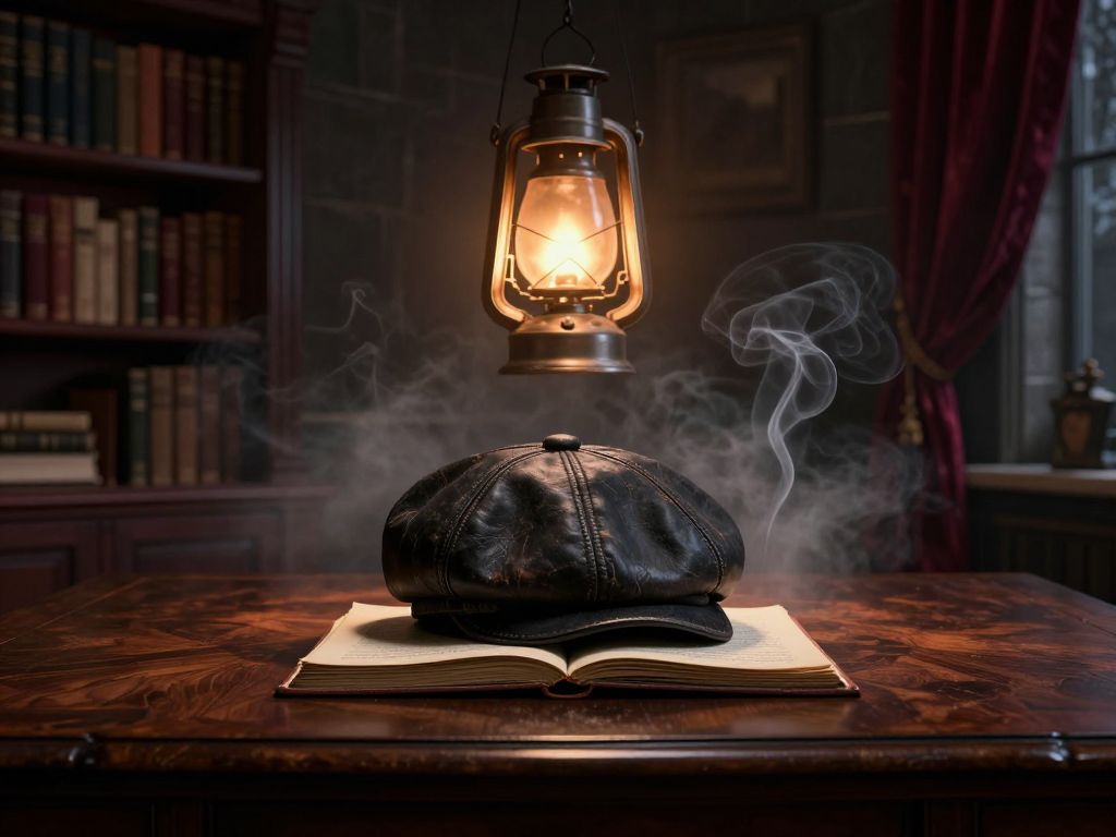 Worn flat cap on dusty mahogany desk beside open journal, cigarette smoke curling through amber lamplight in a dark manor study