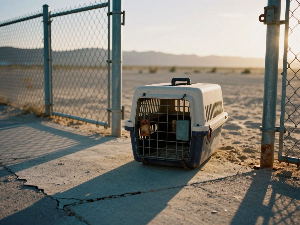 Worn pet carrier with open door left on cracked concrete before closed chain-link shelter gates at dusty dawn