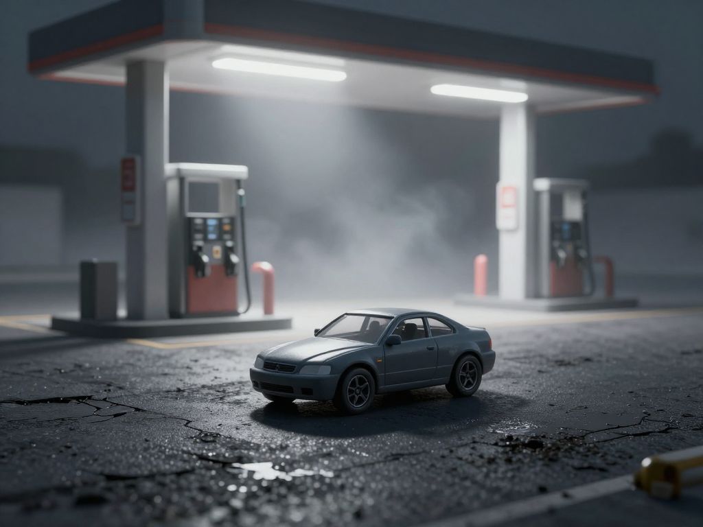 Small toy car on oil-stained asphalt beneath a fuel pump shadow at an empty gas station forecourt at dusk.