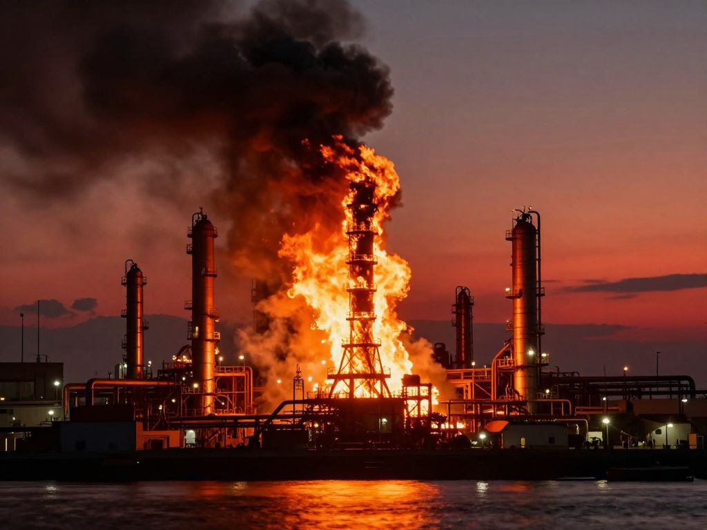 Burning oil refinery tower engulfed in flames with black smoke rising into a crimson twilight sky reflected in dark gulf waters.