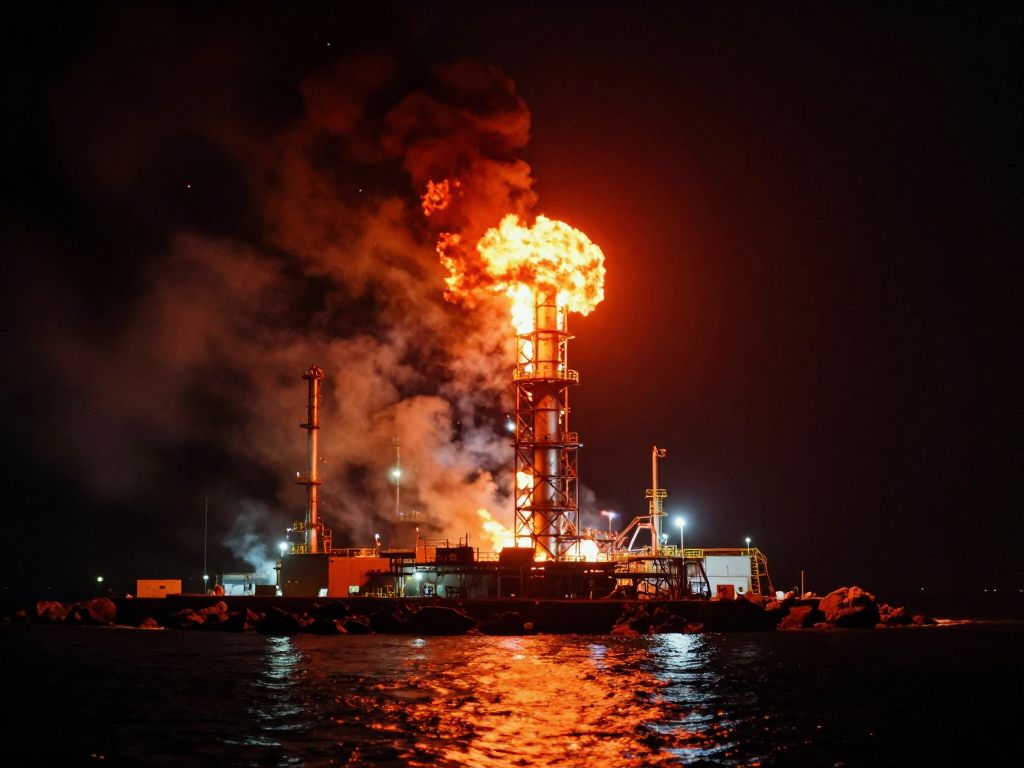 Burning oil refinery tower over dark gulf waters with smoke columns rising into a crimson sky