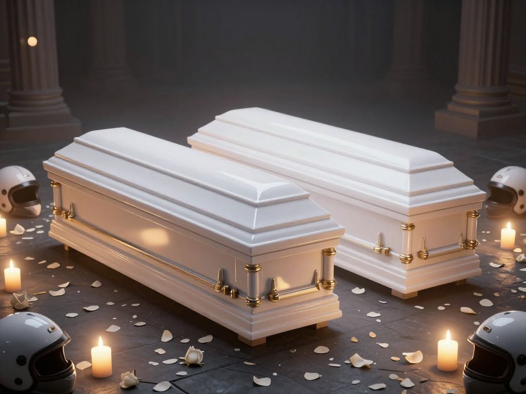 Two white coffins side by side on stone floor, encircled by motorcycle helmets and white rose petals in candlelight.