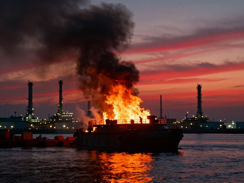 Burning oil storage tank at a port with black smoke rising against a red twilight sky and aerial contrail streaks above.