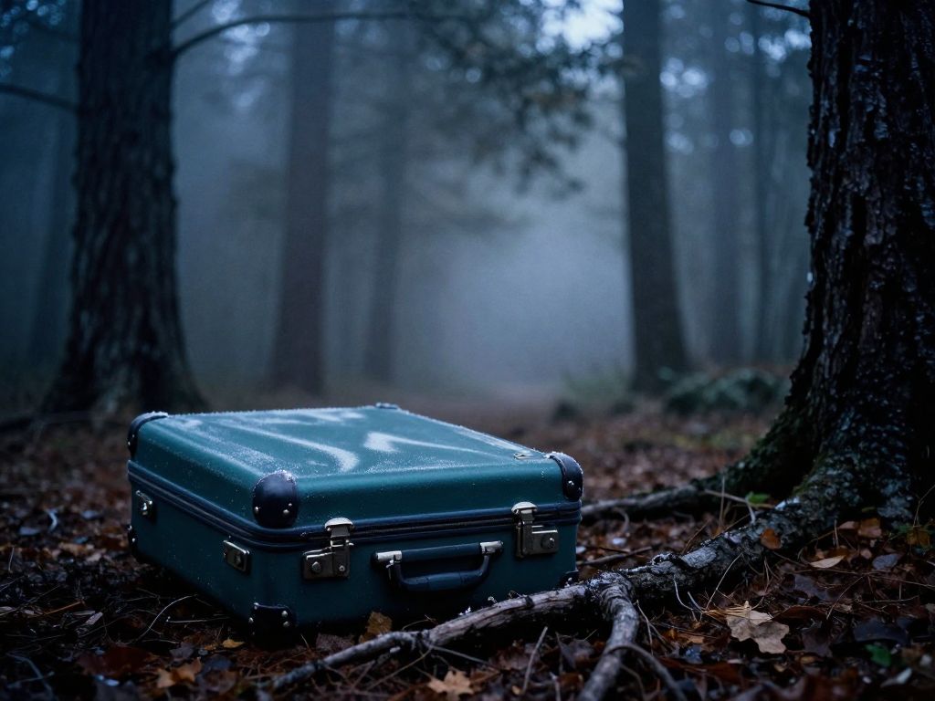 Teal hard-shell suitcase half-buried in dark forest soil, lid slightly open, surrounded by frost-covered pine needles and roots