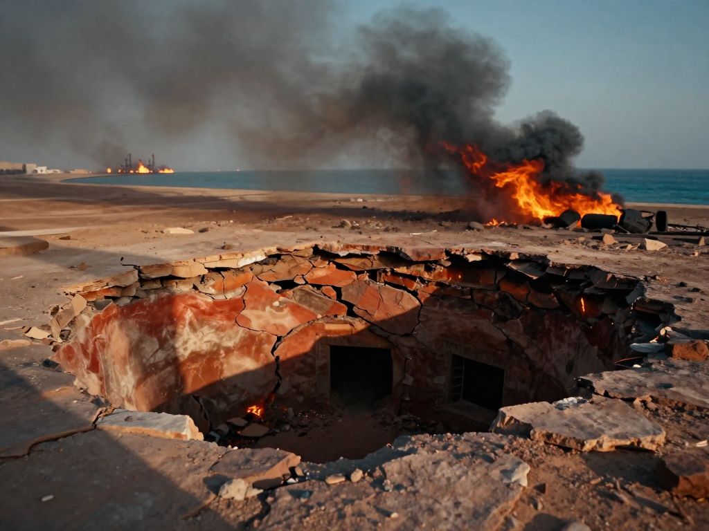 Deep crater in scorched desert rock above collapsed underground tunnel, black smoke rising toward orange sky over dark strait waters