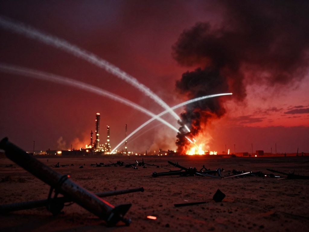 Missile contrails criss-cross a crimson sky above burning oil refinery towers, shrapnel debris scattered on desert sand below