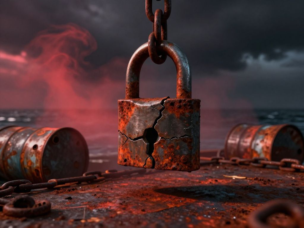 Cracked corroded padlock on rusted chains over overturned oil drums on dark harbor dock, storm clouds gathering at dusk